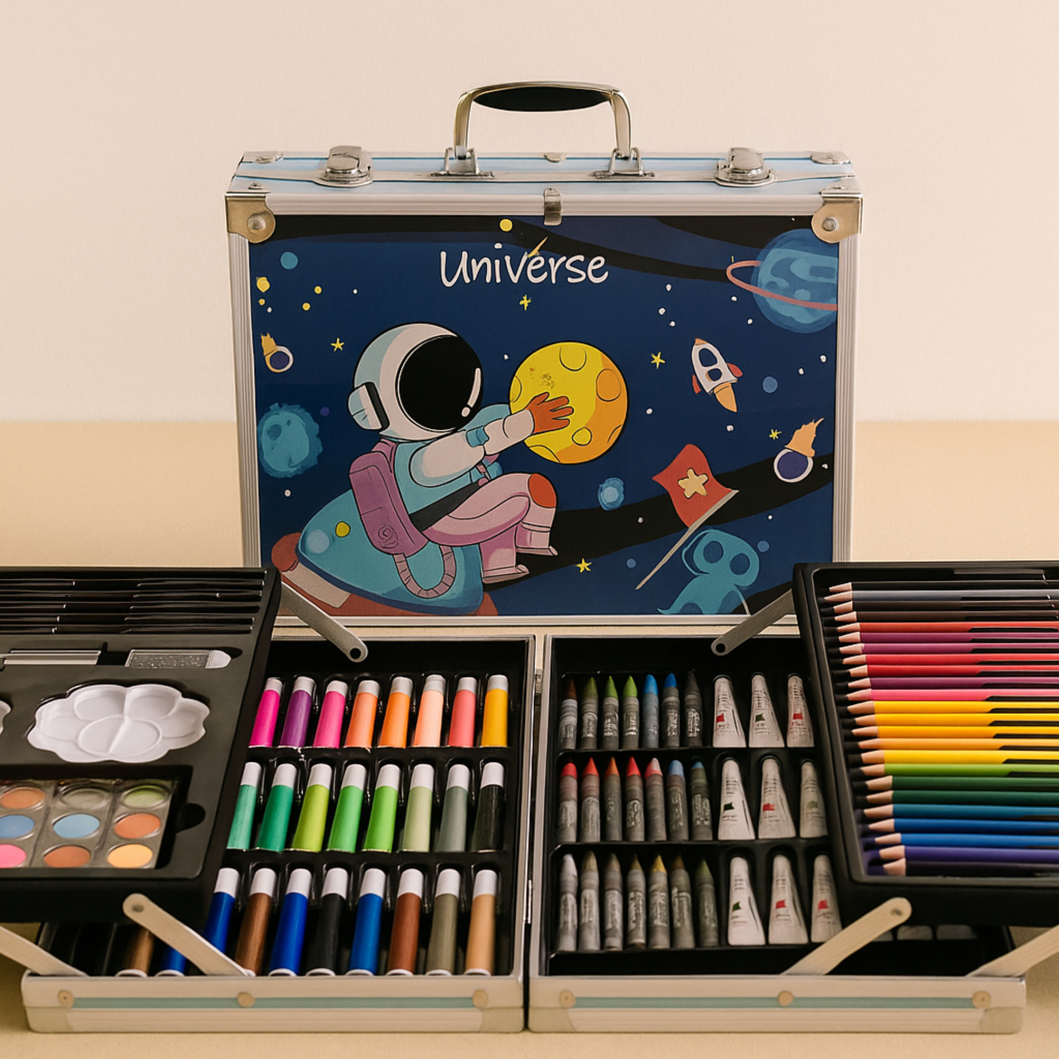 Art supply set with 'Universe' design on a beige background